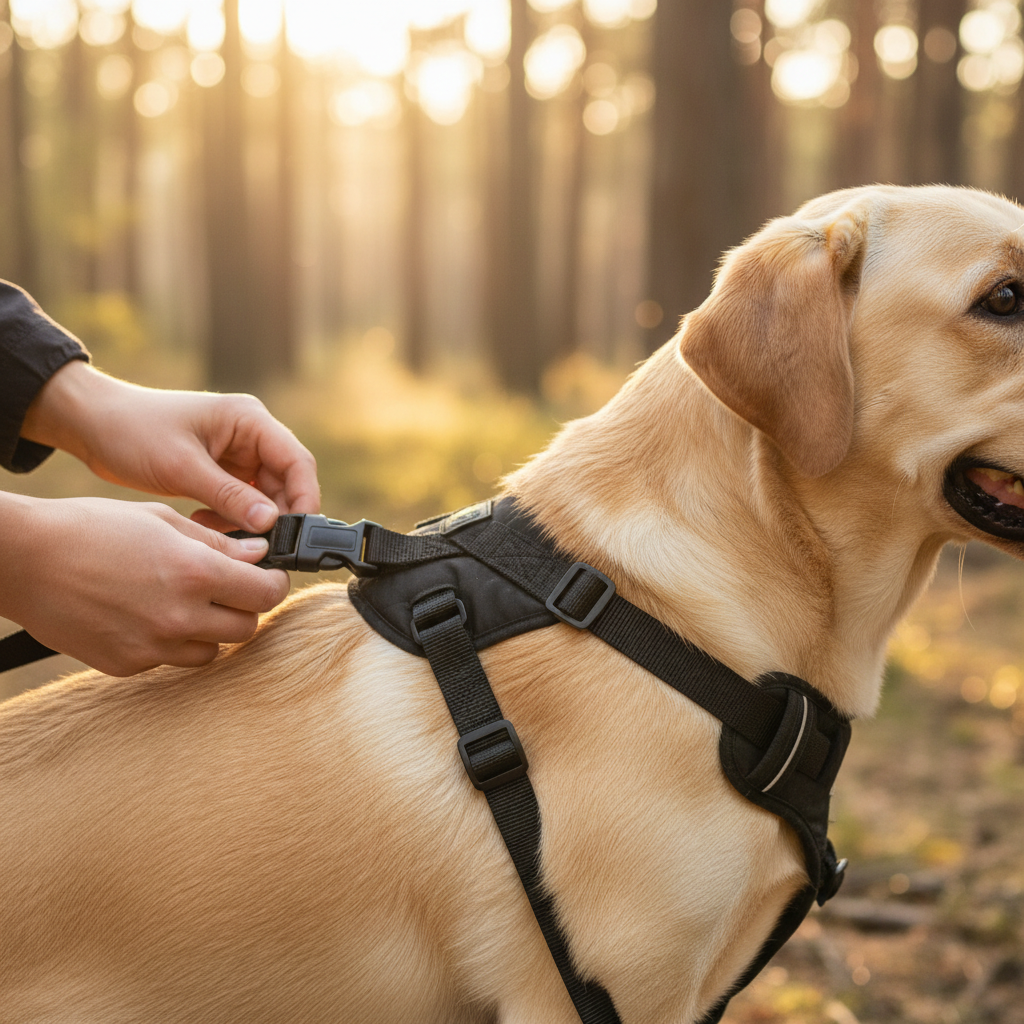Ajustement du harnais Le Porteur sur un Labrador en forêt