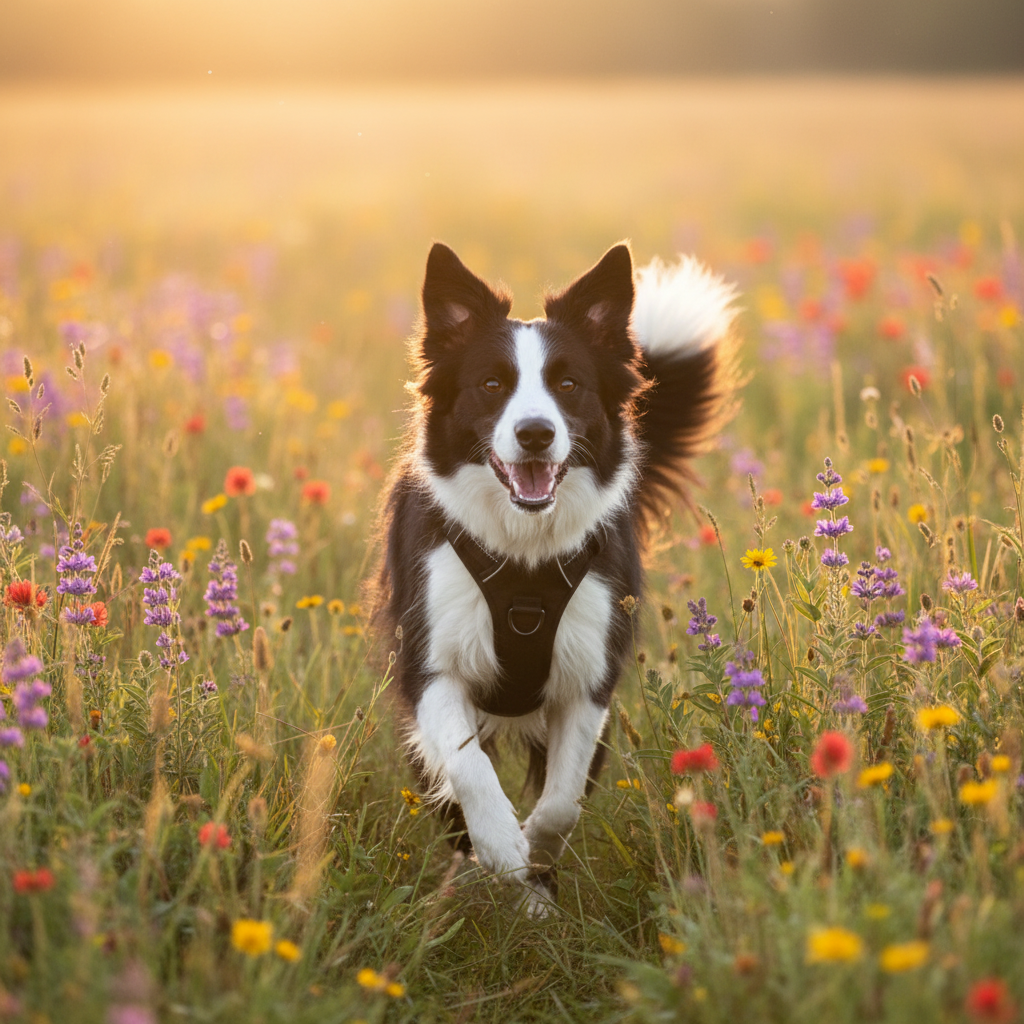 Border Collie portant le harnais Le Porteur en prairie