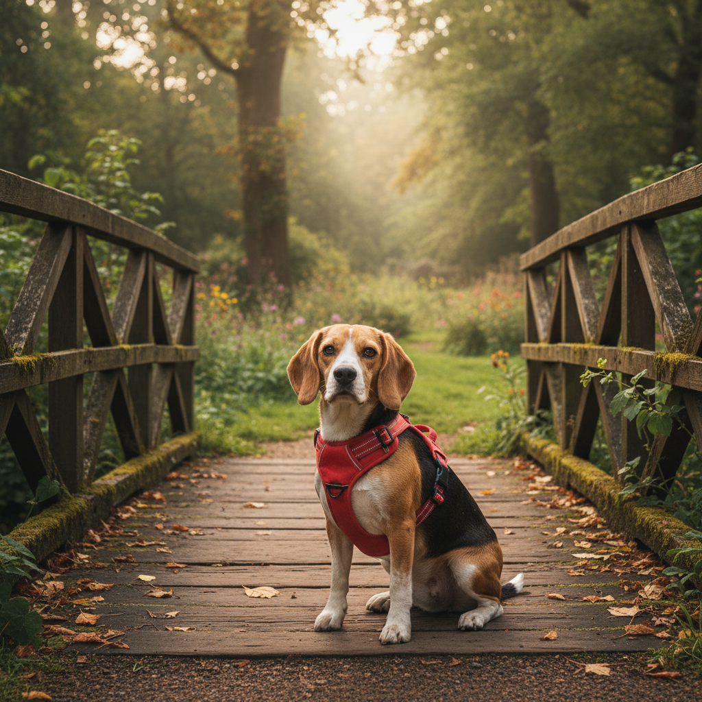 Beagle portant le harnais rouge Le Porteur dans un parc
