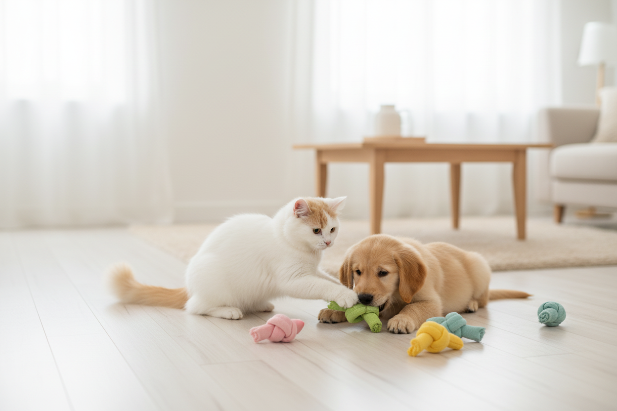 Le Lien - Chat blanc et chien jouant ensemble avec le jouet en corde coloré