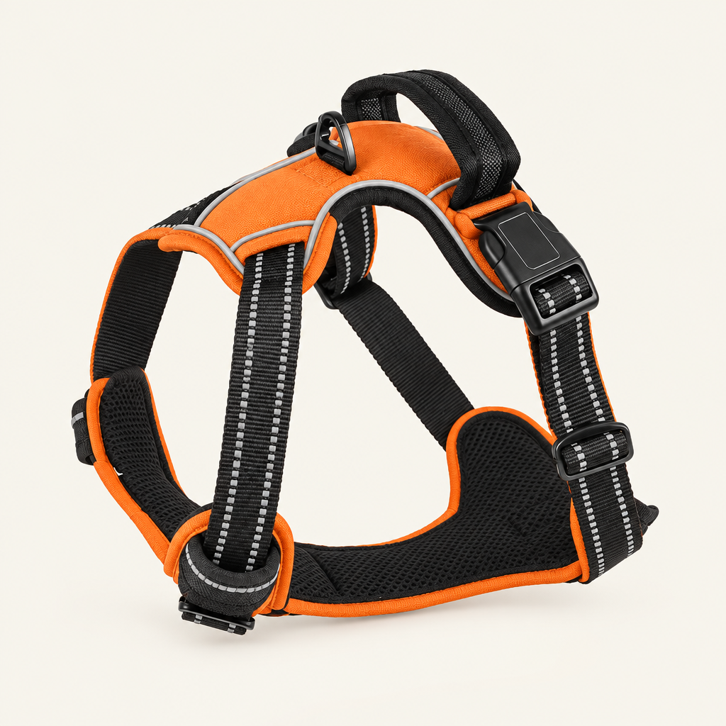 Harnais Le Porteur orange avec rembourrage noir sur fond crème