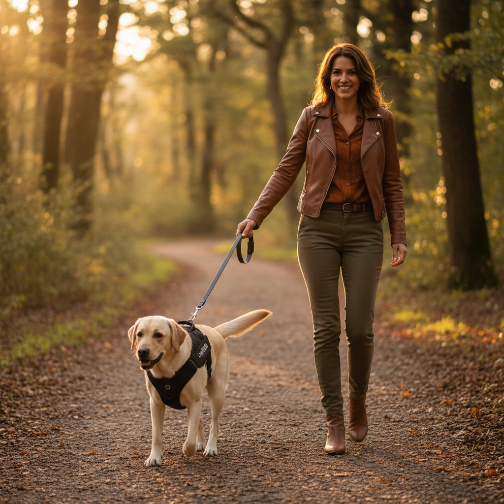 Maître et Labrador en balade en forêt avec Le Porteur harnais ergonomique