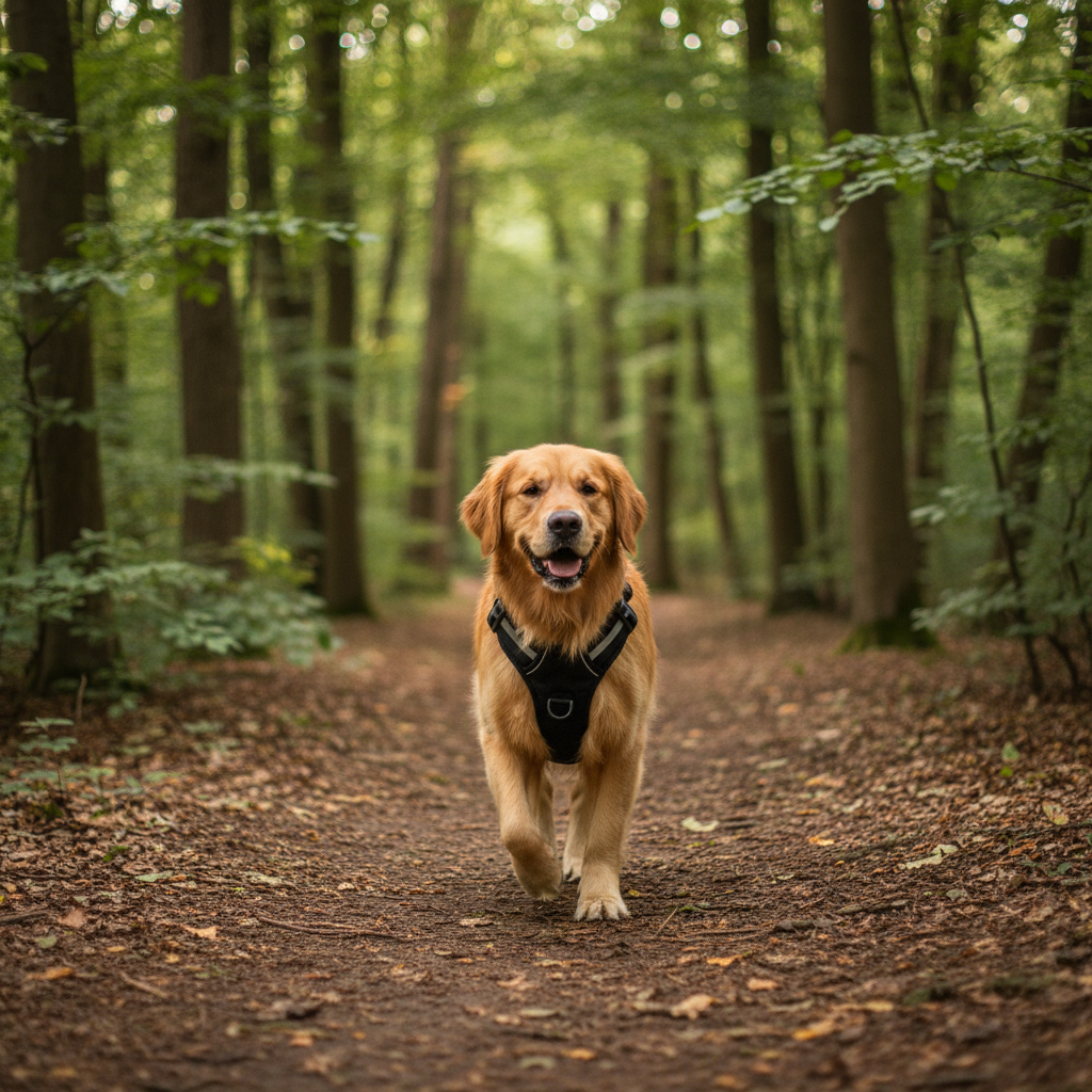 Golden Retriever portant le harnais noir Le Porteur en forêt