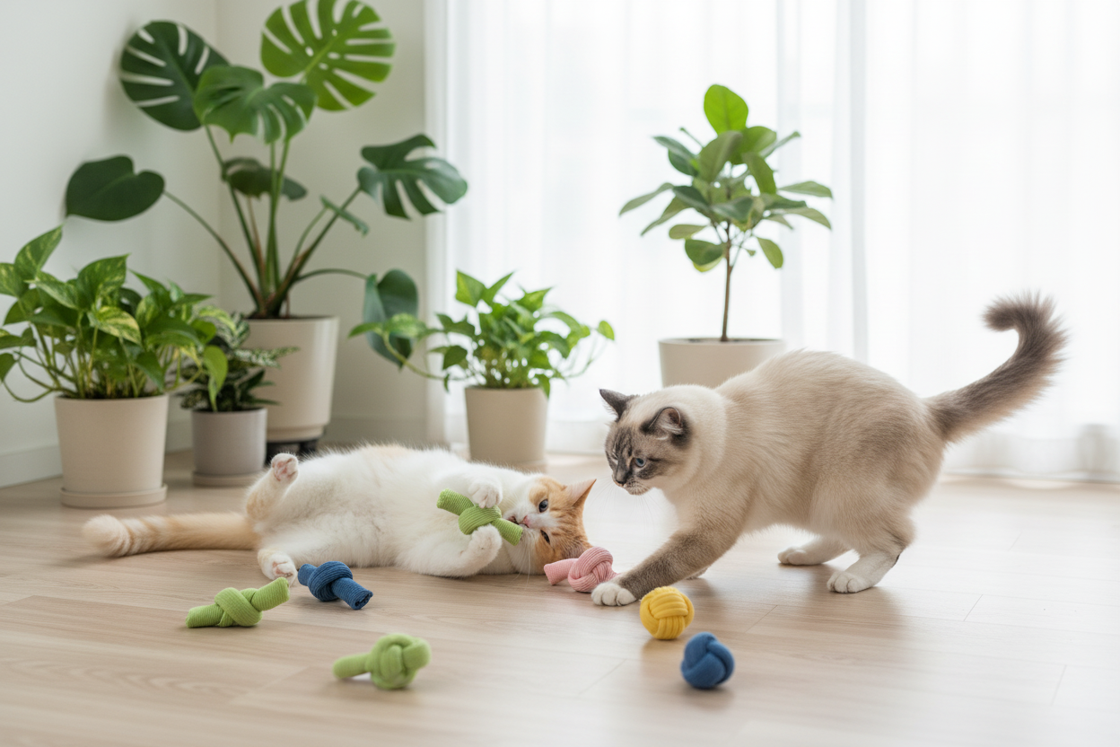 Le Lien - Deux chats jouant avec les jouets en corde colorés entourés de plantes