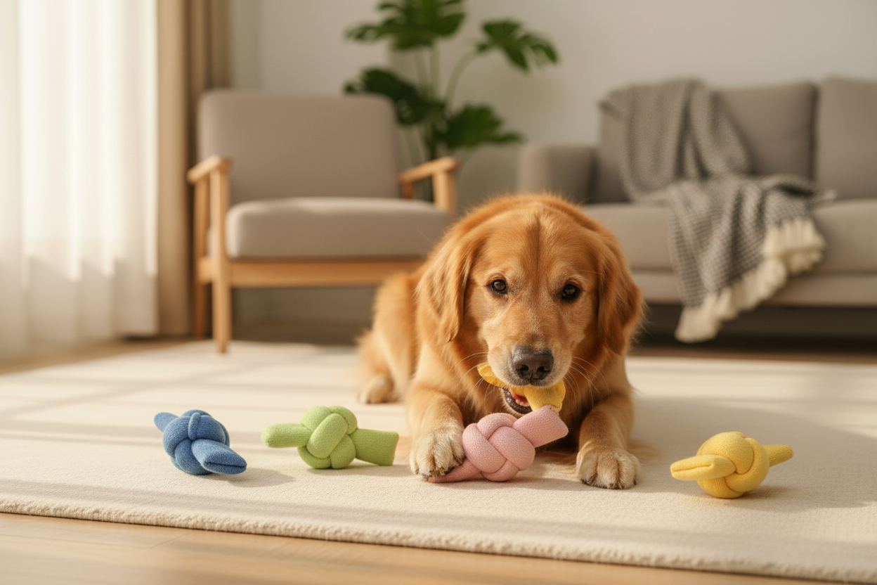 Le Lien - Chien jouant avec les jouets en corde pastel