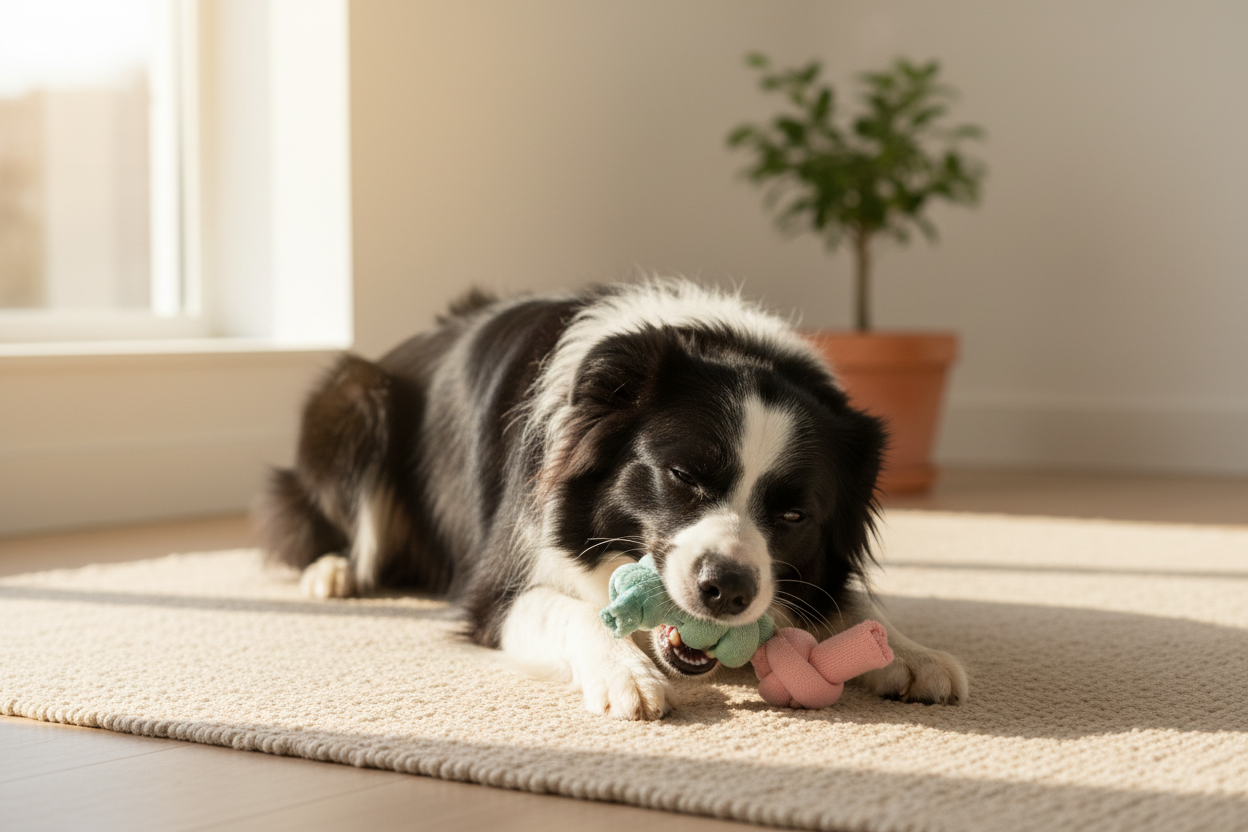 Le Lien - Chien allongé sur tapis naturel avec le jouet en corde coloré